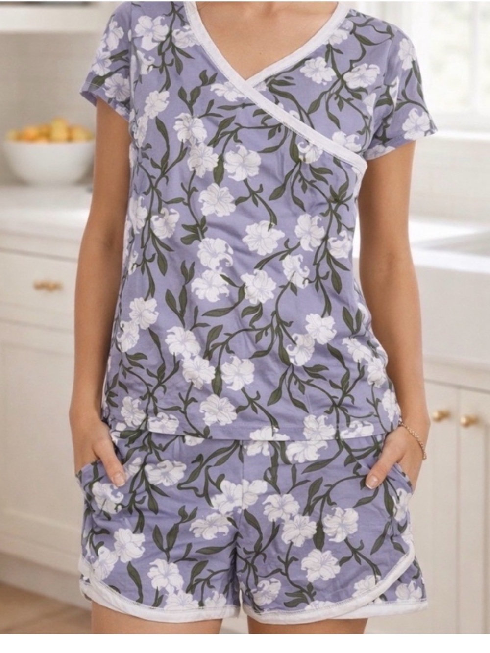 Garnet Hill Womens Lavender Floral Asian Pajama Set Wrap Top Shorts Purple Small